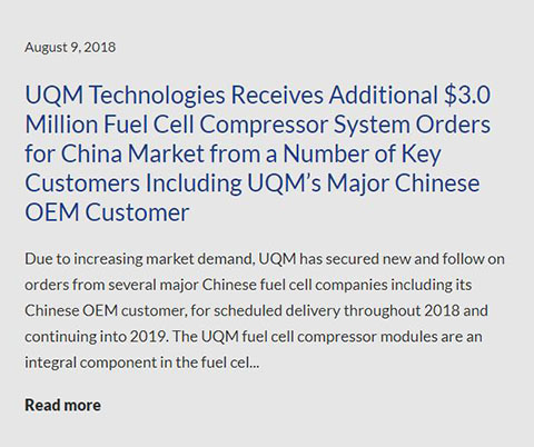 美國UQM公司官方網(wǎng)站報道關(guān)于燃料電池空氣壓縮機(jī)系統(tǒng)訂單的報道